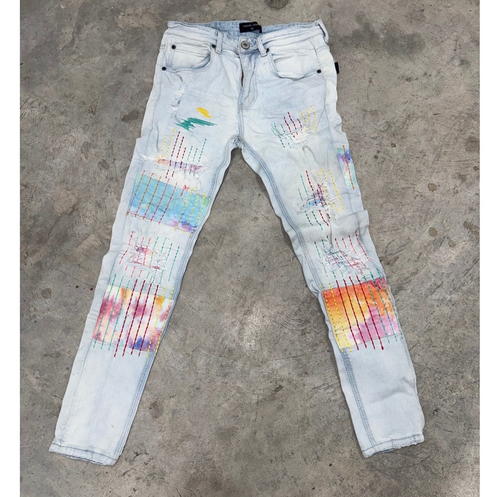 Capital Denim Light Blue Jeans Mens 30 Distressed Tie Dye Rainbow Streetwear